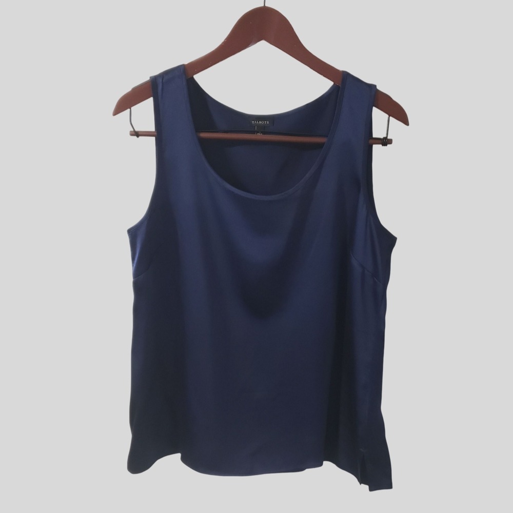 Talbots Womens Navy Blue 100% Silk Satin Sleeveless Tank Top Shell Sz 12 Large